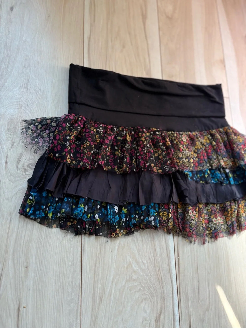 Free People FP One Patchwork Floral Tiered Ruffle Mini Skirt Black Boho Y2K